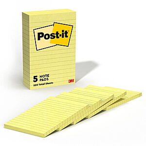 $4.02: Post-it Notes, 4 x 6 in, The Iconic Canary Yellow Note, 5 Lined Pads at Amazon