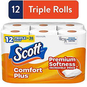 Scott ComfortPlus Toilet Paper, 12 Triple Rolls = 36 Regular $5.68 free ship Walmart+ or pick up (regional)