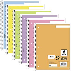 6-Pack Mead 1-Subject Spiral Notebook (Wide Ruled, 70 Sheets, Assorted Pastel) $5.31 w/ S&S + Free Shipping w/ Prime or on $35+