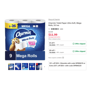 Charmin Toilet Paper Ultra Soft, Mega Rolls, 9.0 ea $6.99 AC or less