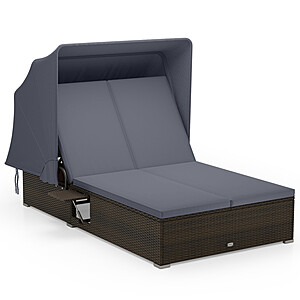 Costway Patio Double Chaise Lounge Recliners w/ Canopy Shade, Cushions & Folding Side Trays (Gray) $272 + Free Shipping