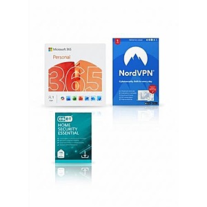 Bundle: 1-Yr Microsoft 365 Personal + 1-Yr NordVPN Standard (6 Devices) + 1-Yr ESET (Digital Delivery) $65