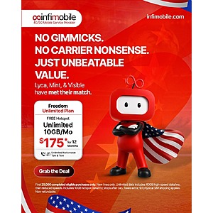 12-Month Infimobile Freedom Unlimited Plan eSim: Unlimited Data, Talk & Text w/ Up to 10GB Hotspot $175