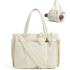 BAGSMART Crush Bow Tote Bag for Women, Large Work Tote with 40oz Tumbler, Puffer Travel Tote Bag for Work, Yoga, Gym