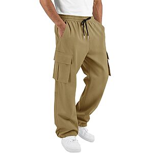 Runcati Mens Cargo Pants Hiking Athletic Joggers Sweatpants Elastic Waist Drawstring Casual Trousers with Multi Pockets