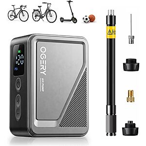 OGERY Mini Electric Bike Pump w/ Gauge & Auto Stop $28.49 + Free Shipping w/ Prime or on $35+
