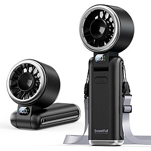 SWEETFULL Portable Handheld Turbo Fan - Portable Fans Rechargeable, 5000mAh, 180° Adjustable, 5 Speed Wind, Digital Display Electric Personal Hand Fan Quiet, Travel Essentials, Beach Vacation (Black)