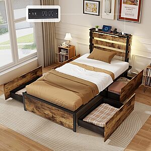 Giantex Twin Metal Platform Bed Frame w/ LED Headboard, Charging Station & 4 Storage Drawers (Rustic Brown) $87.99 + Free Shipping