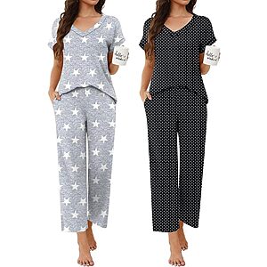 2-Pack Ekouaer Women's V-Neck Short Sleeve Pajama Sets (Various) $16.99 ($8.49 each) + Free Shipping w/ Prime or on $35+