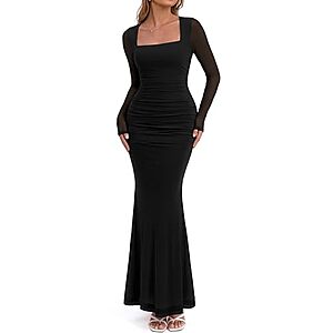 BTFBM Women's Long Sleeve Square Neck Ruched Bodycon Maxi Dress (Various) $15.99 + Free Shipping w/ Prime or on $35+