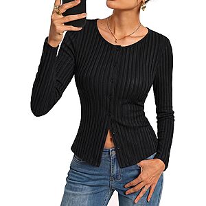 Kate Kasin Women's Ribbed Button-Up Slim Fit Long Sleeve Shirt (Various) $6.49 + Free Shipping w/ Prime or on $35+