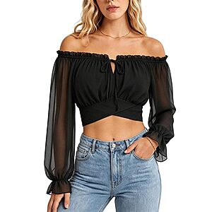 Scarlet Darkness Women's Off-Shoulder Lantern Sleeve Crop Blouse (Various) $6.83 + Free Shipping w/ Prime or on $35+