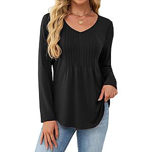 JUSTFASHIONNOW Women's Pleated V-Neck Long Sleeve Tunic Shirt (Various) $4.99 + Free Shipping w/ Prime or on $35+