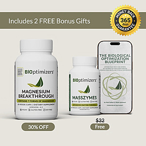 BIOptimizers Exclusive Offer - 30% Off + Additional 15% Off Magnesium Breakthrough w/ code SLICK15 + FREE MassZymes + FREE Digital Book $23.80
