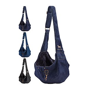 Noah & Paw Dog Sling Carrier for Small Dogs 5-18lb, Dog Sling for Small Dogs and Cats, Dog Carrier with Adjustable Padded Strap, Premium Denim, Lined with Fur, Double Safety Feature, Machine Washable
