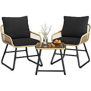 Yaheetech 3-Piece Outdoor Bistro Set w/ Cushioned Chairs & Glass Table (Tan & Black) & More $100 + FS