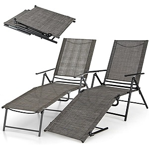 Giantex Lounge Chair Outdoor Set of 2 - Tanning Chair with 6 Adjustable Backrest, 2-Level Footrest, Folding Sunbathing Lounger for Patio, Poolside, Yard, Chaise Lounge Chair, Beach Chair (Brown)