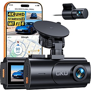 GKU 4K Dual Dash Cam Front and Rear, STARVIS 2 Sensor, 5.8GHz WiFi6 Up to 20MB/s, Voice Control, Dash Camera with GPS, WDR Night Vision, 24H Parking Mode, Loop Recording, Supercapacitor(No SD Card)
