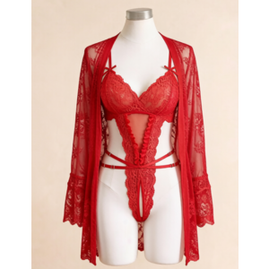 Avidlove Sexy Lingerie with Robe Lace Teddy Lace Kimono Robe Babydoll Lingerie Mesh Nightgown Red Small