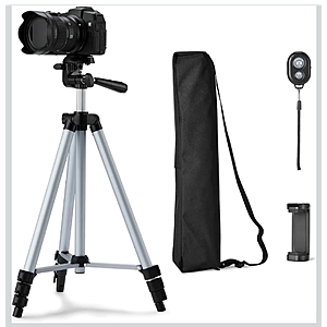 Amazon Basics 50" Lightweight Tripod for Camera and Phone with Travel Bag, Remote Control and Phone Holder, Height Adjustable, Aluminum, Silver $8 FS with Prime Woot