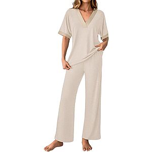 GKBK Womens Two Piece Outfits Pajama Sets 3/4 Dolman Sleeve V Neck Sleepwear Nightwear Loungewear Matching Pjs 2 Piece Lounge Set Lightweight Loose Sweatsuit Fashion Ooutfit Beige S