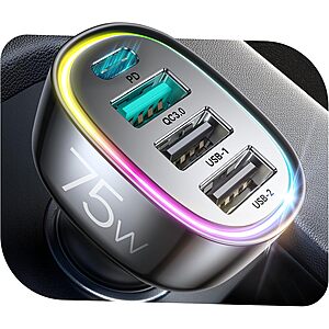 FLYLEAD 75W 4-Port Car Charger w/ USB-C PD 60W & QC 3.0 $7.49 + Free Shipping w/ Prime or on $35+