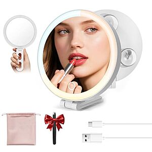 sicotool Travel Makeup Mirror w/ 10X Magnification, 3-Color Adjustable LED & Suction Cup $12.35 + Free Shipping w/ Prime or on $35+