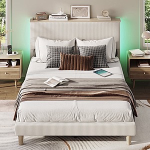 Bestier LED Adjustable Queen Size Platform Bed Frame w/ Storage Compartment & Velvet Covered Soft Headboard (Cream) $110 + Free Shipping