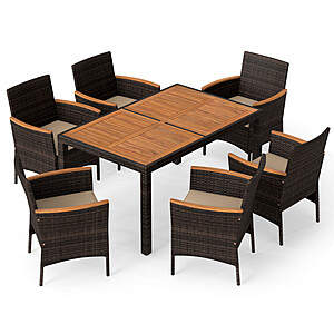 Costway 7-Piece Patio Rattan Dining Set w/ Acacia Wood Table & 6x Cushioned Chairs (Brown) $319.99 + Free Shipping