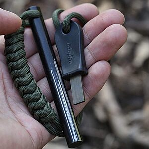 4" Survival Ferro Rod Drilled Flint Fire Starter and Striker Kit - Ferrocerium Rod with Paracord Lanyard Handle and Striker, 4"(Long) x 3/8"(Diameter) $11