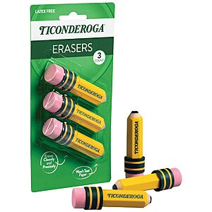 TICONDEROGA &reg; Erasers, Pencil Shaped, Yellow, 3 ct (38953) $3.68