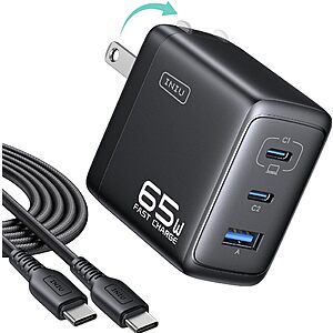 INIU 65W USB C Charger Block 3 Port GaN Fast Charging Adapter with 100W Cable $19.77