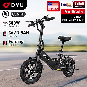 DYU C3-14Min 14"Folding eBike 500W Motor 36V 7.8Ah Battery $148 + Free Shipping