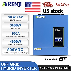 ANENJI 3KW 24V Hybrid Solar Inverter MPPT 100A Charger Controller Pure Sine Wave WiFi for $169 +Free Shipping