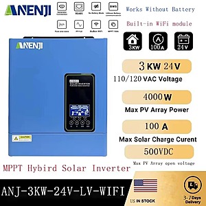 ANENJI ANJ-3KW-24V-LV-WIFI Hybrid Solar Inverter 3KW 24V 110/120V Pure Sine Wave with WiFi $178 + Free Shipping