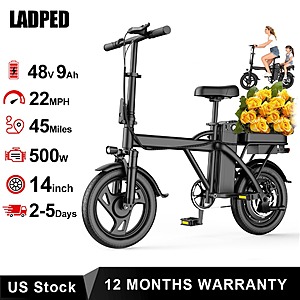 AOVOPRO LADPED Folding Electric Bike 500W 48V 9Ah Li-ion Battery 22mph 45mile range 14in Pneumatic Tires Dual Front Shocks 2 Seats $168 + Free Shipping