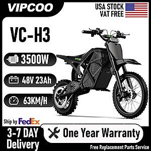 VIPCOO VC-H3 Electric Dirt Bike 3500W Peak 4500W Motor 48V 23Ah Off-Road Motorcycle 25-43 mile range $674 + Free S/H