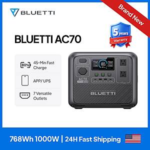 BLUETTI AC70 768Wh Portable Power Station 1000W 7 Outlets 45-Min Fast Charge $228 + Free S/H