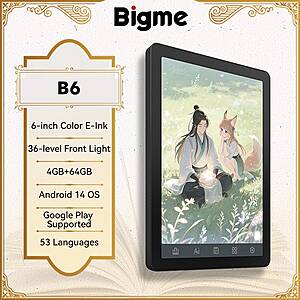 Bigme B6 Ebook Reader 6 inch 150PPI Color 300PPI B&amp;amp;W E-Ink Android 14 4GB+64GB $135 + Free S/H