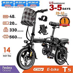 TERROSOR T5 14inch 560W Folding Electric Bike 48V 10.4Ah 20mph 25-32 miles Range $126 + Free S/H