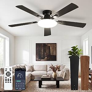 LEDIARY 52in Flush Mount Ceiling Fan w/ Light, APP and Remote Control (Black) $49 + Free Shipping