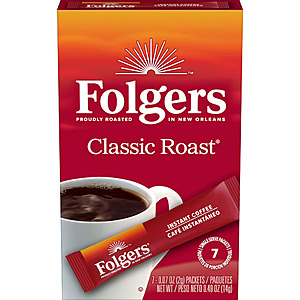 Folgers Classic Roast Instant Coffee, Single Serve Packets, 7 count - $1.46, Ships FREE w/ Walmart+ membership!