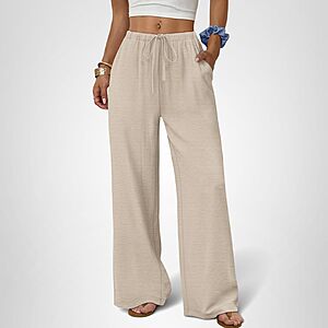 Sampeel Linen Pants Women Wide Leg Palazzo Pants Flowy Casual Summer Outfits Cruise 2026 Fashion Beach Vacation Clothes Spring Drawstring Elastic Waist Trouser Khaki S