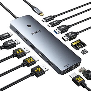MOKiN Laptop Docking Station Dual Monitor 4K HDMI USB C Hub for Dell/HP/Mac | 14-in-1, 2 HDMI 2 DP,Triple 4K, 87W PD, Ethernet, SD/TF Card Reader $35.99