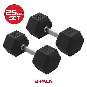 FitRx 25lbs Rubber Hex Dumbbell Set &ndash; Solid Steel Handles, Durable Rubber Coating, Anti-Roll Weights for Fitness, Pair $45 FS @ Walmart