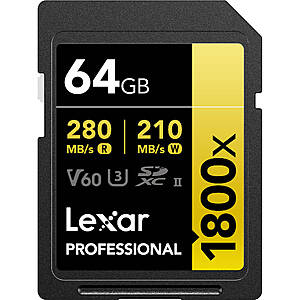 Lexar 64GB Professional 1800x UHS-II SDXC Memory Card (GOLD Series) $59.99 + Free Shipping