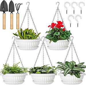 11" White Hanging Planters w/ Drainage Trays, Chains & Ceiling Hooks (5-Pack) $9.99 + Free Shipping w/ Prime or on $35+