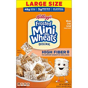 Kellogg's Frosted Mini-Wheats Breakfast Cereal, High Fiber, 48g Whole Grain, Large Size, 20 oz 2-pack $6.45 @Amazon