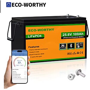 Eco-Worthy 24V 100AH LiFePO4 battery, $218.45 with coupon, before taxes, free shipping from US, YMMV
