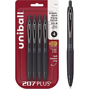 Uni-Ball 207+ Black Retractable Gel Pens 4 Pack with Micro 0.5mm Points, Uni-Ball Click Pens~$4.26 With S&S @ Amazon